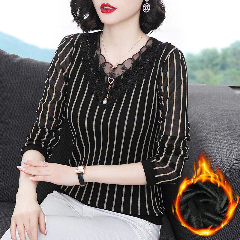 Ladies lace autumn clothes plus velvet bottoming shirt