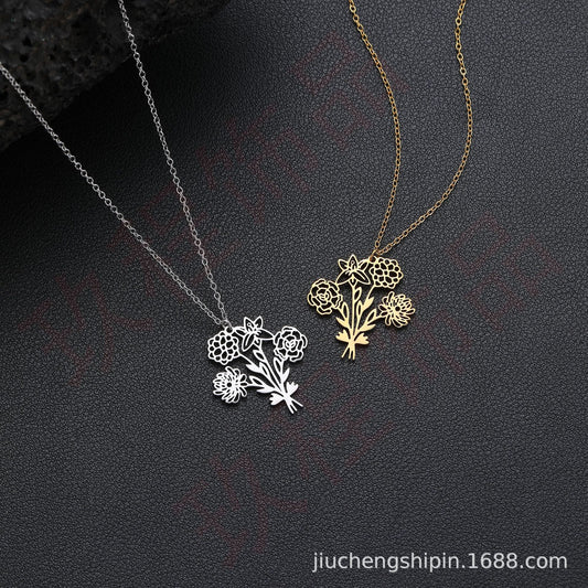 Stainless Steel December Combination Birthday Flower Necklace Bracelet Electroplated 18K Gold Birth Flower Pendant