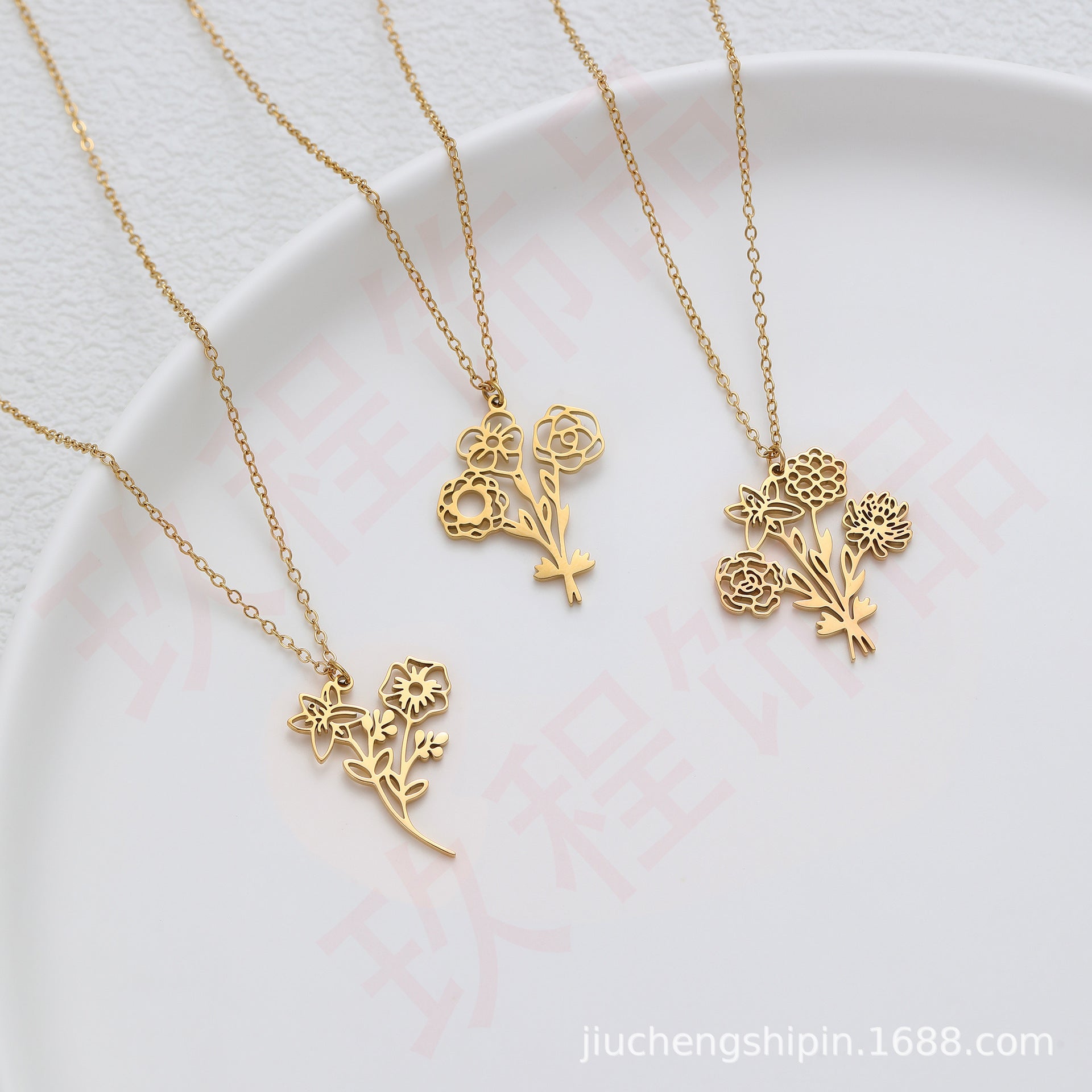 Stainless Steel December Combination Birthday Flower Necklace Bracelet Electroplated 18K Gold Birth Flower Pendant