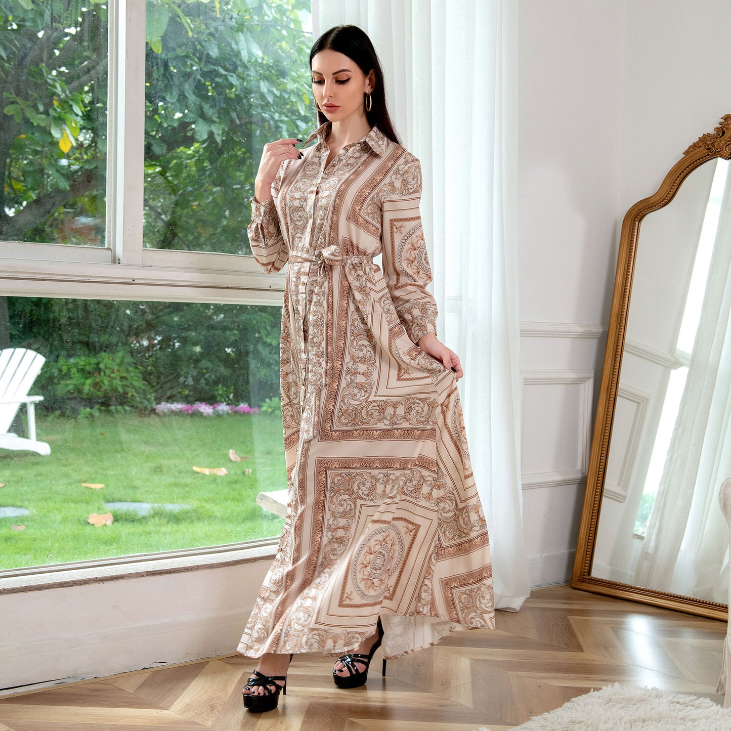 European And American Dress Muslim Women&#039;s Southeast Asian Style Printed Long-sleeved Dress