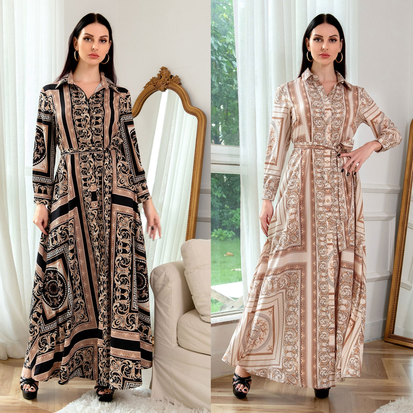 European And American Dress Muslim Women&#039;s Southeast Asian Style Printed Long-sleeved Dress